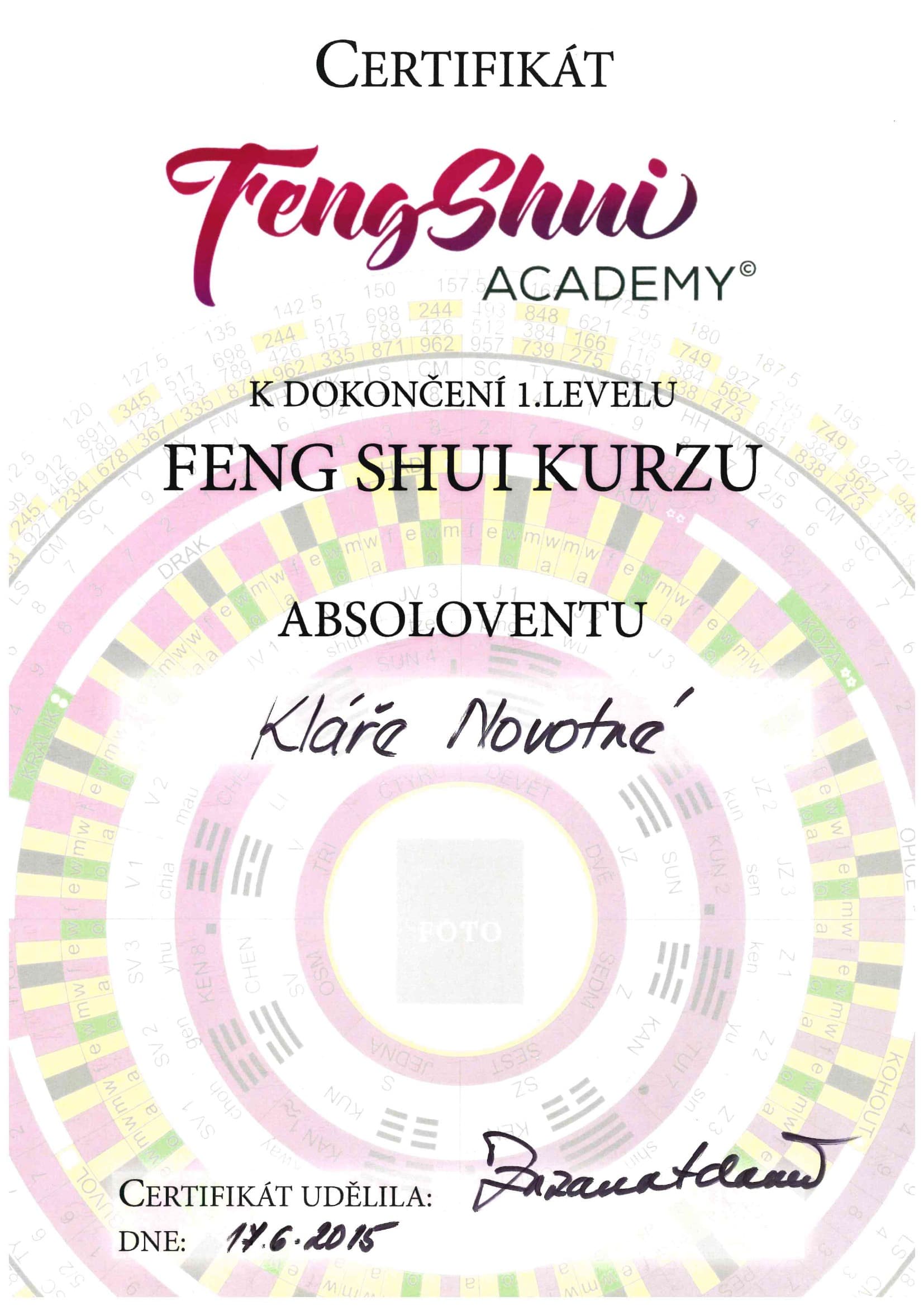 Certifikat: Feng Shui kurz, 1. level — Feng Shui Academy (2015)