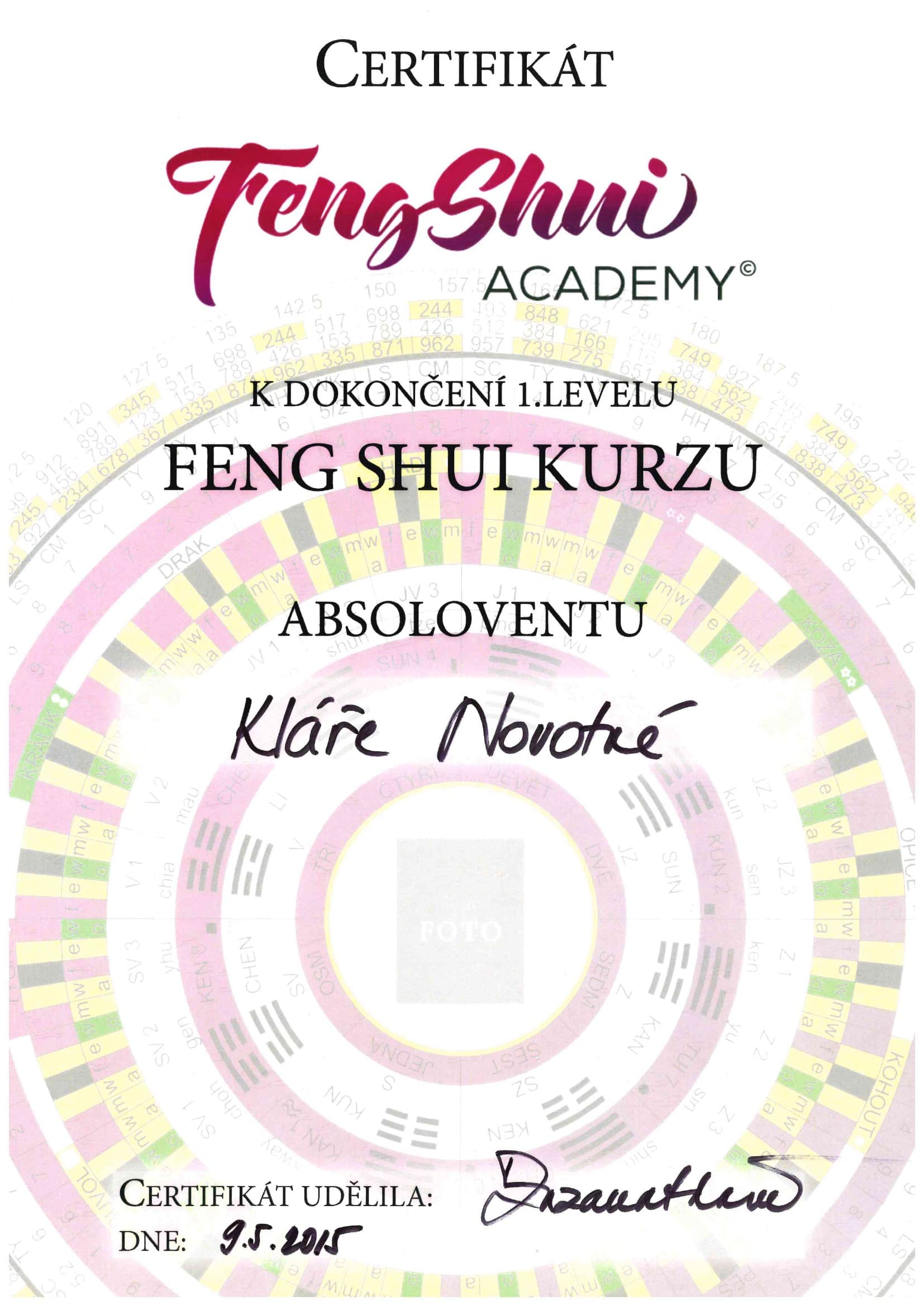 Certifikat: Feng Shui kurz, 1. level — Feng Shui Academy (2015)