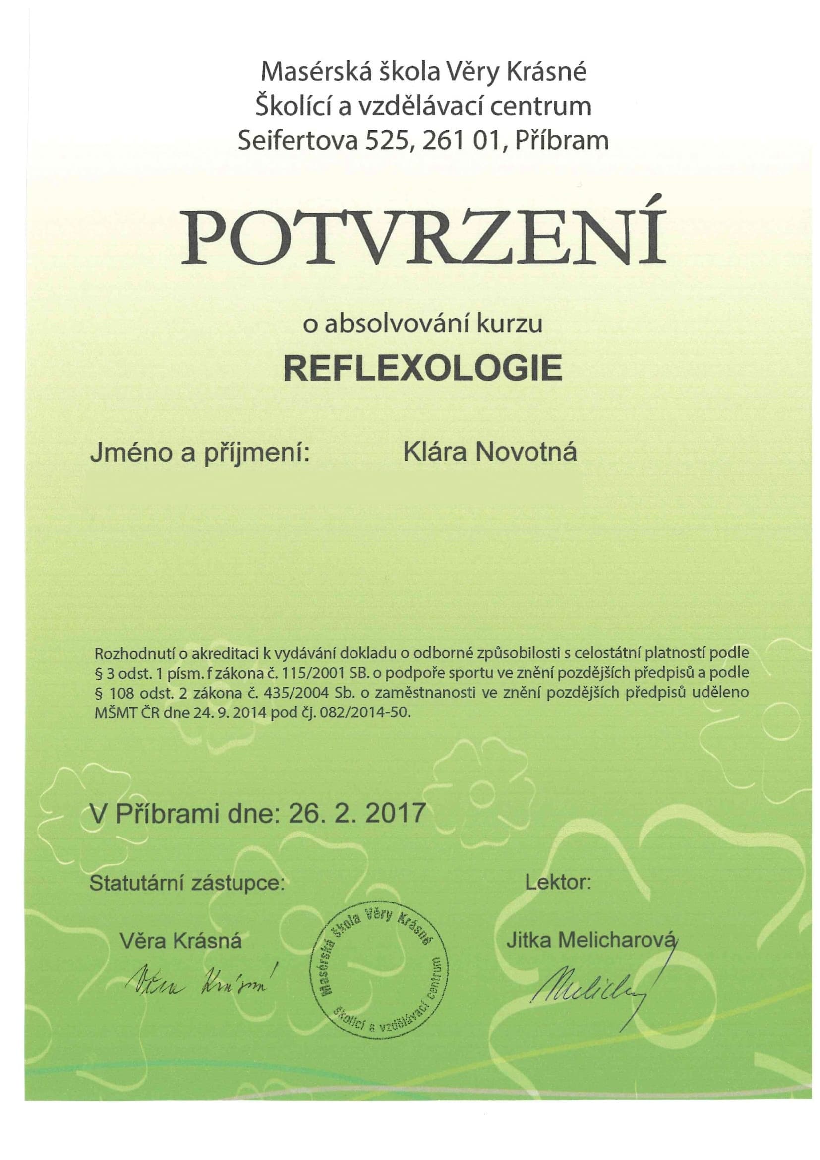 Certifikat: Reflexologie — Masérská škola Věry Krásné, Příbram (2017)