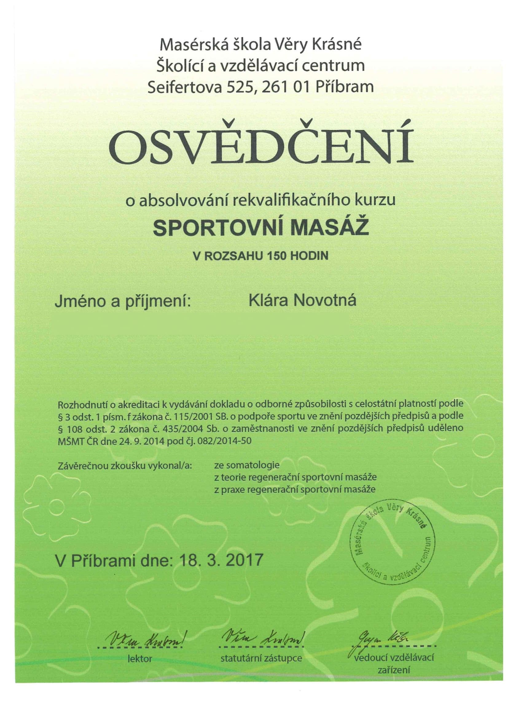 Certifikat: Sportovní masáž — Masérská škola Věry Krásné, Příbram (2017)
