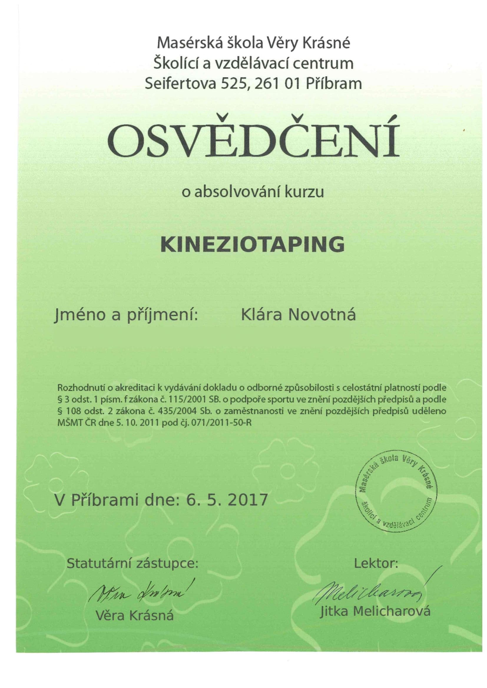 Certifikat: Kineziotaping — Masérská škola Věry Krásné, Příbram (2017)