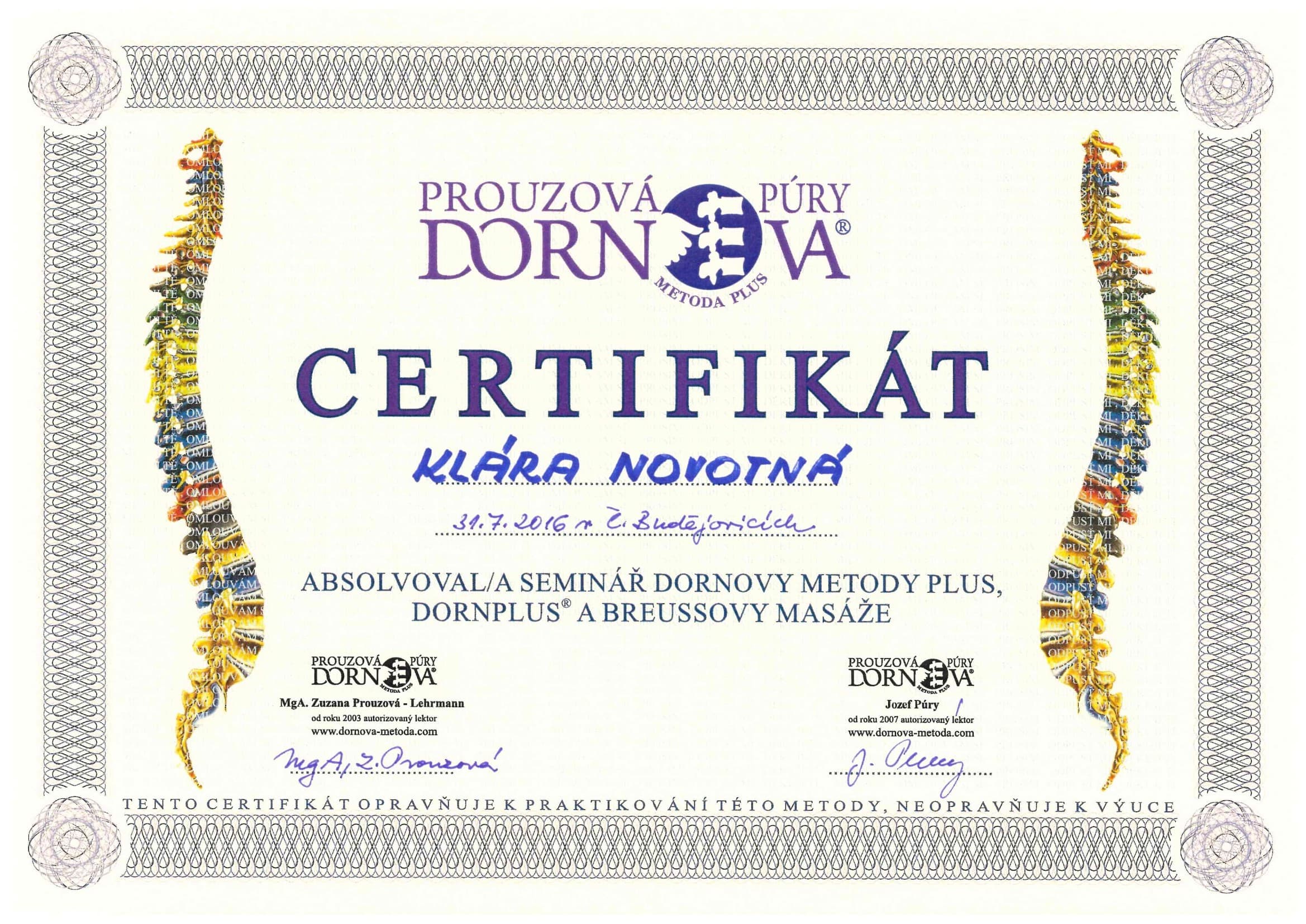 Certifikat: Dornova metoda PLUS a Breussova masáž — seminář I. — Prouzová Půry — Dornova metoda PLUS (2016)