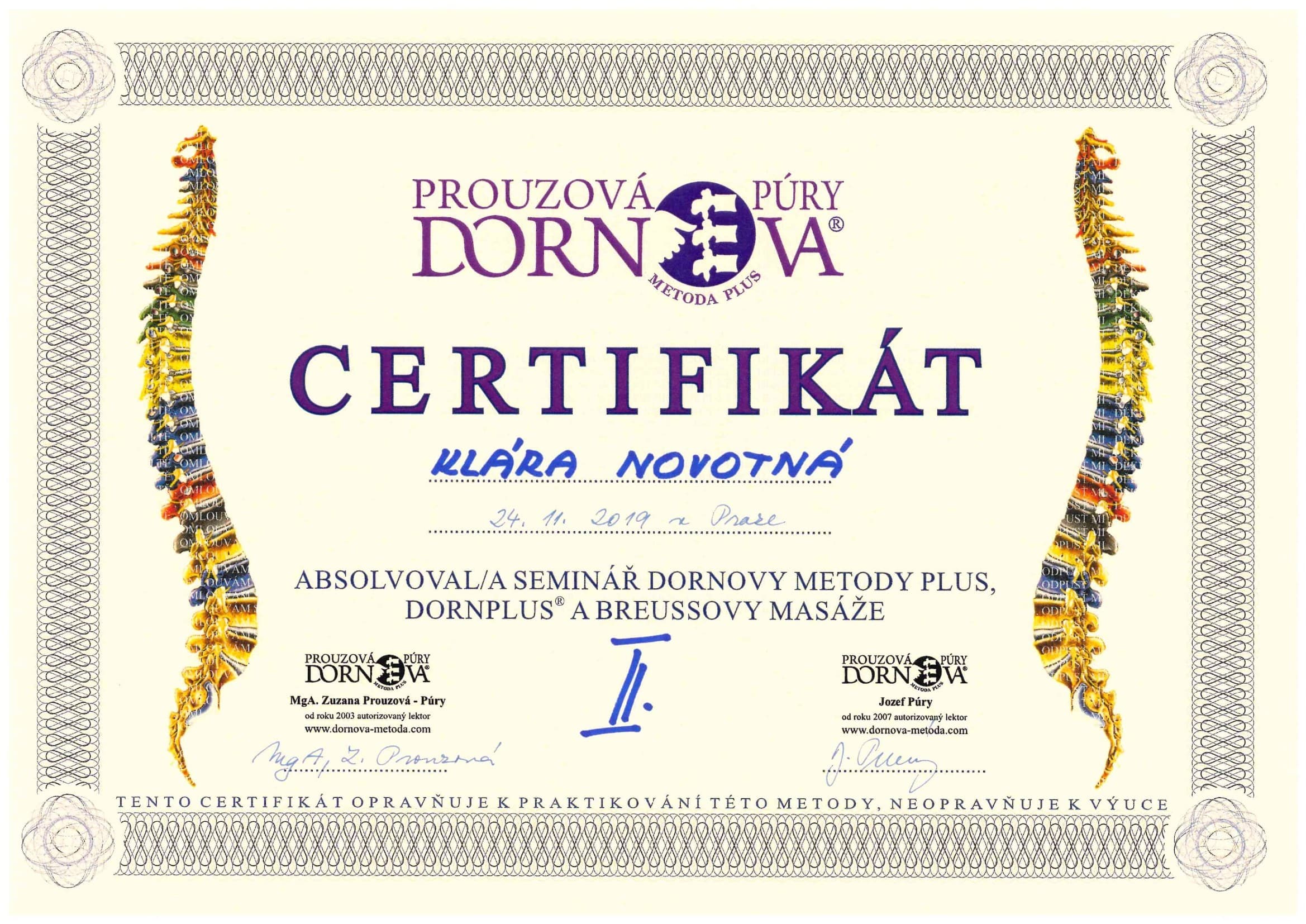 Certifikat: Dornova metoda PLUS a Breussova masáž — seminář II. — Prouzová Půry — Dornova metoda PLUS (2019)