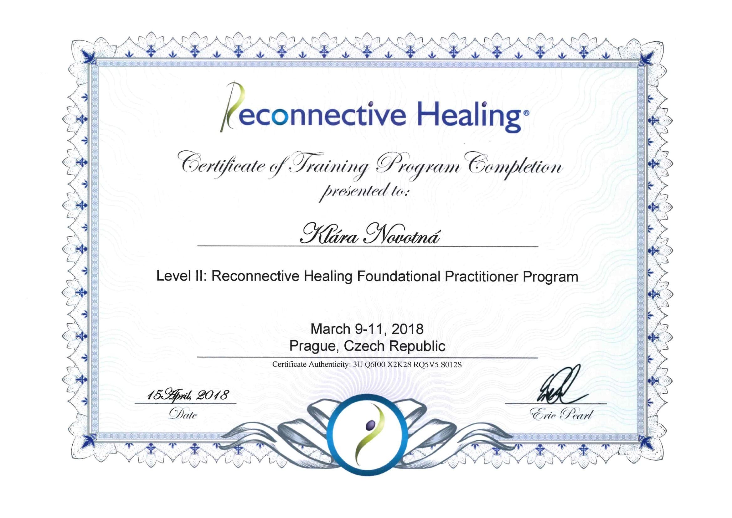 Certifikat: Reconnective Healing® Level II — Foundational Practitioner Program — The Reconnection (Eric Pearl), Praha (2018)