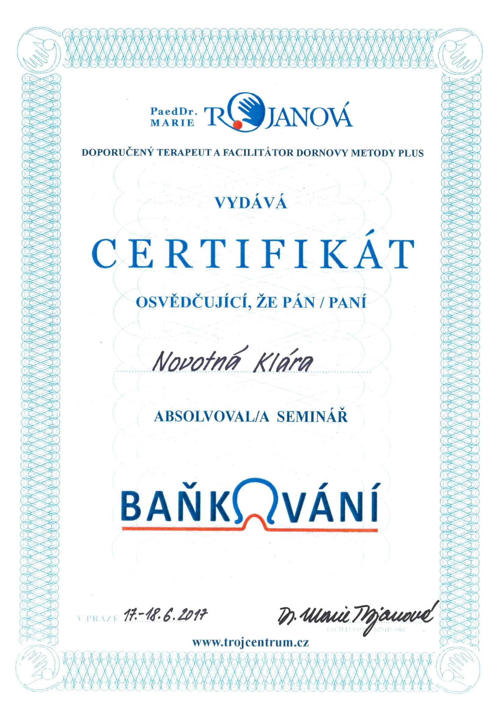 Certifikat: Baňkování — PaedDr. Marie Rojanová, Trojcentrum Praha (2017)