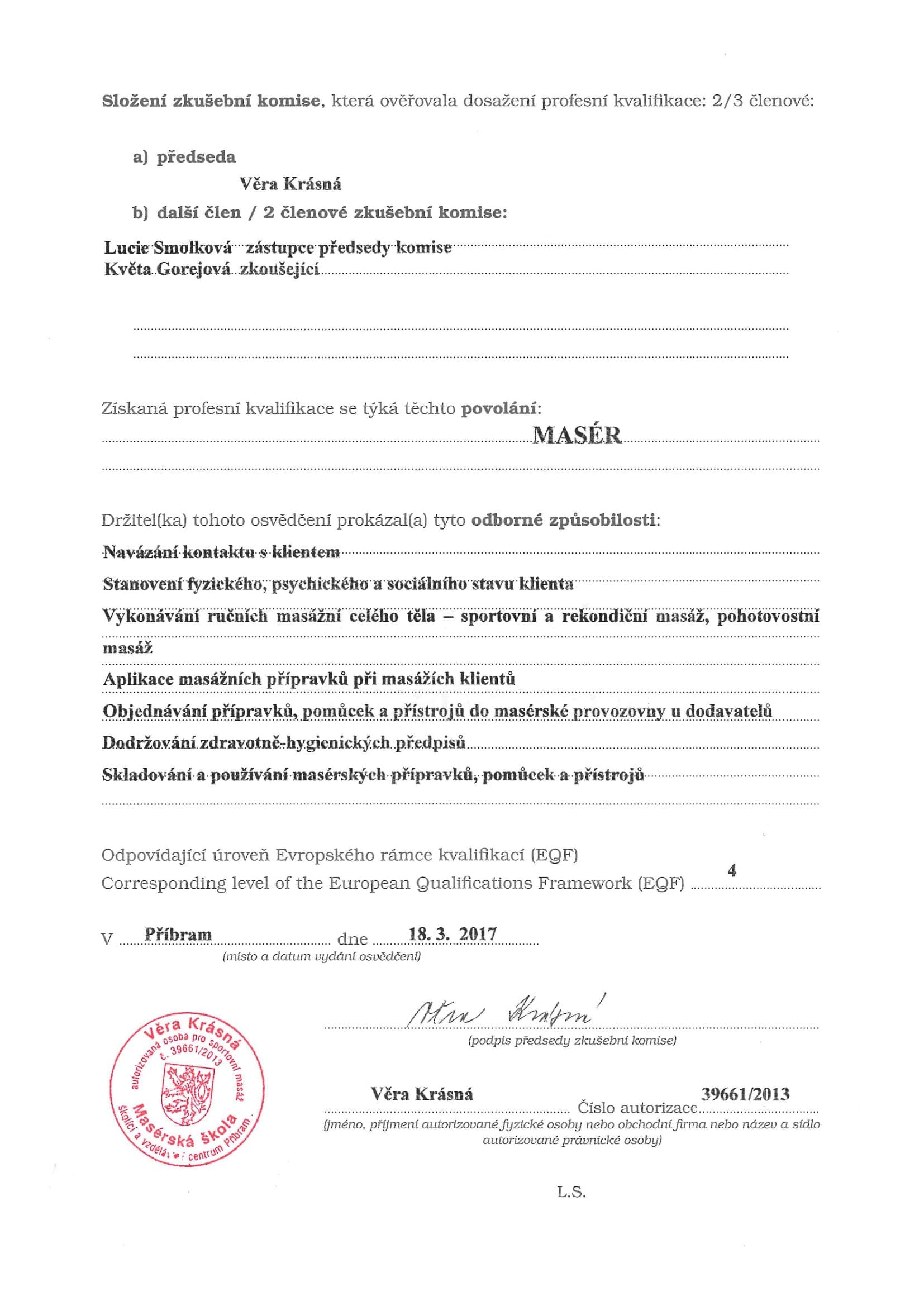 Certifikat: Osvědčení o profesní kvalifikaci — Masér (příloha) — MŠMT ČR (2017)